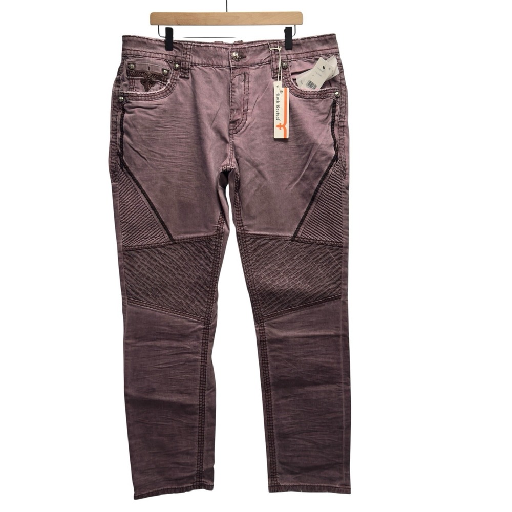 Rock Revival NEW Men's Sz 40 Burgundy Straight Leg Reid Biker Moto Studded Jeans